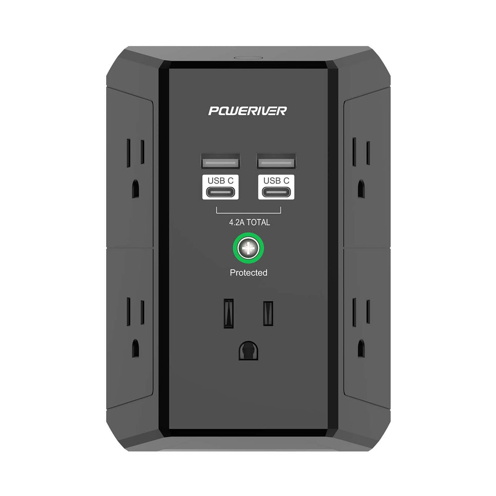 Poweriver multi-outlet extender front view with five outlets for organized charging.