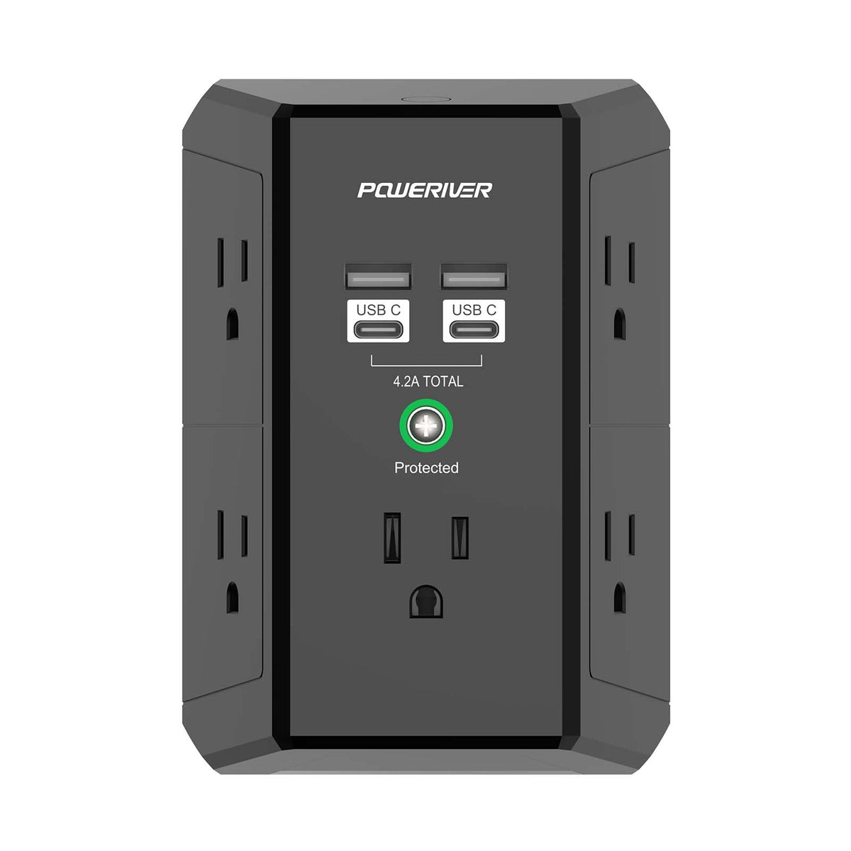 Poweriver multi-outlet extender front view with five outlets for organized charging.