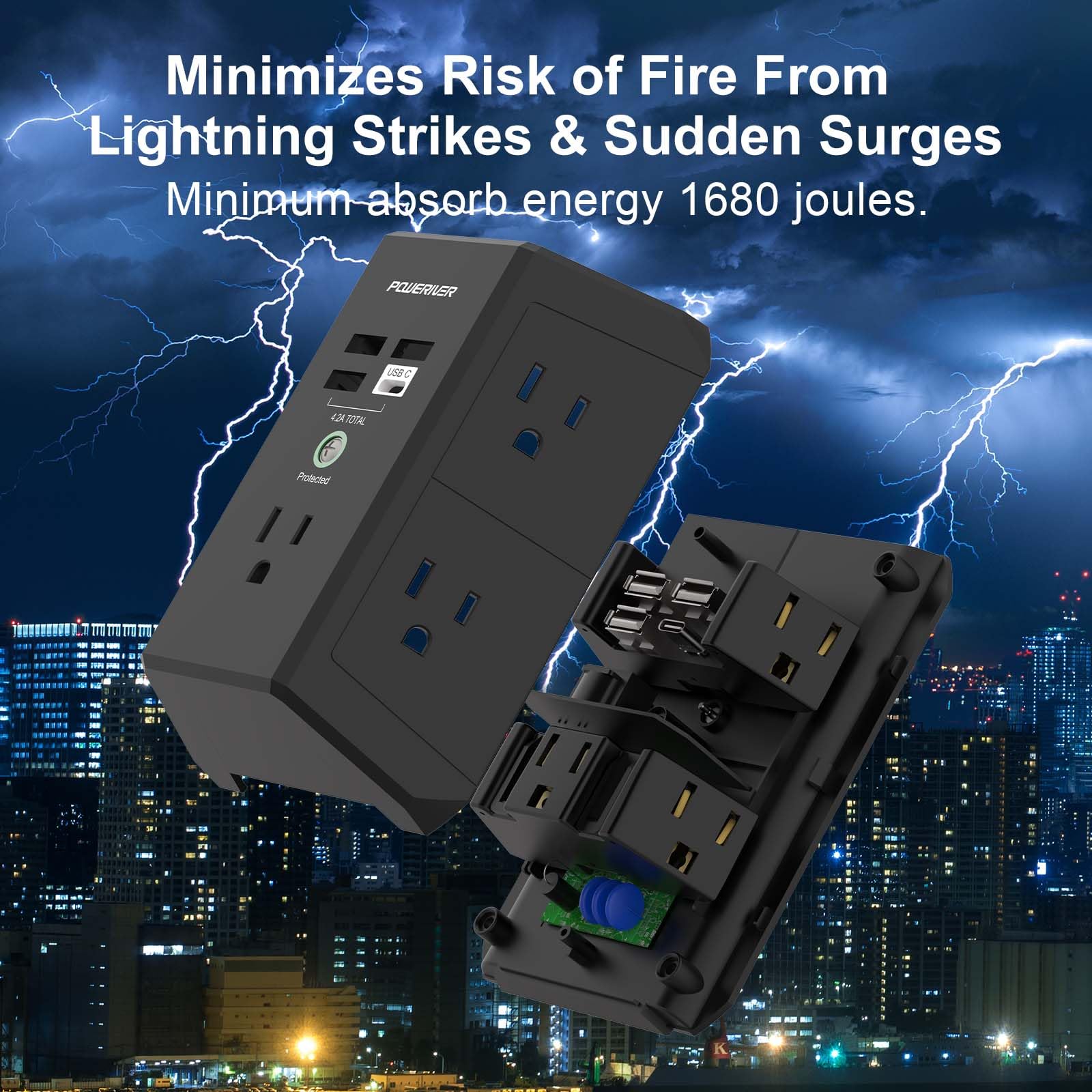 Poweriver wide spacing design accommodates large plugs without blocking other outlets.
