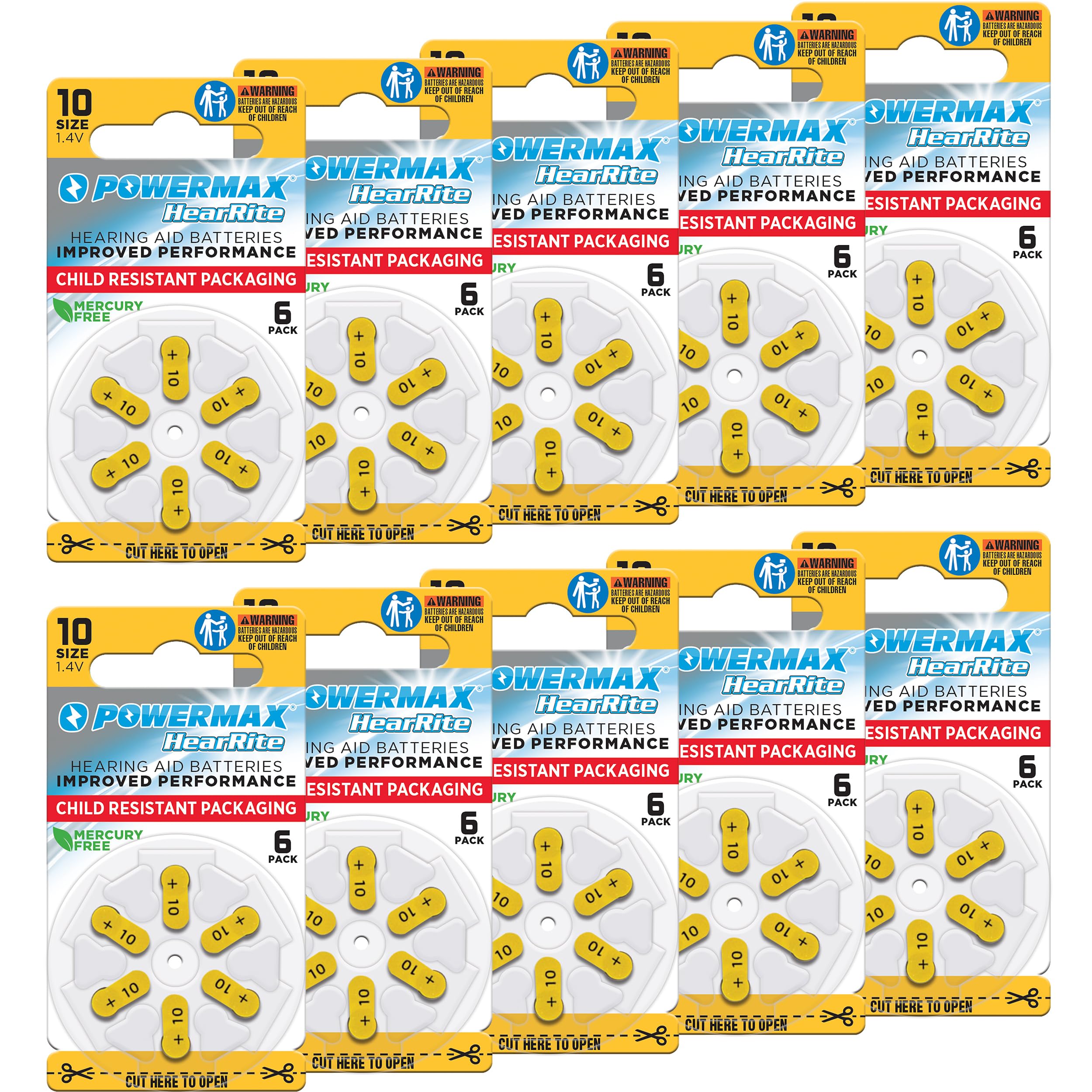 Powermax Size 10 yellow-tab batteries pack powering hearing aids all day