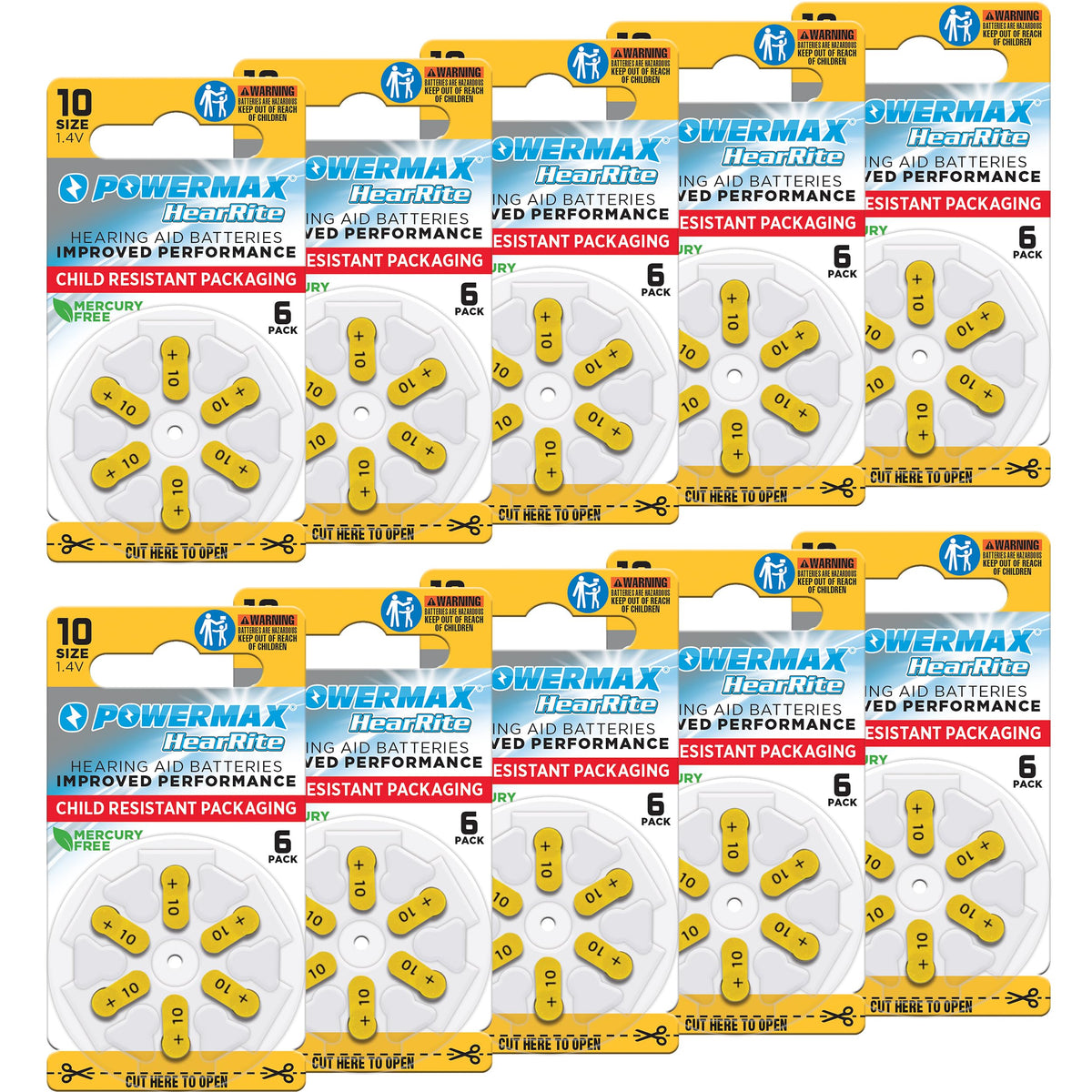 Powermax Size 10 yellow-tab batteries pack powering hearing aids all day