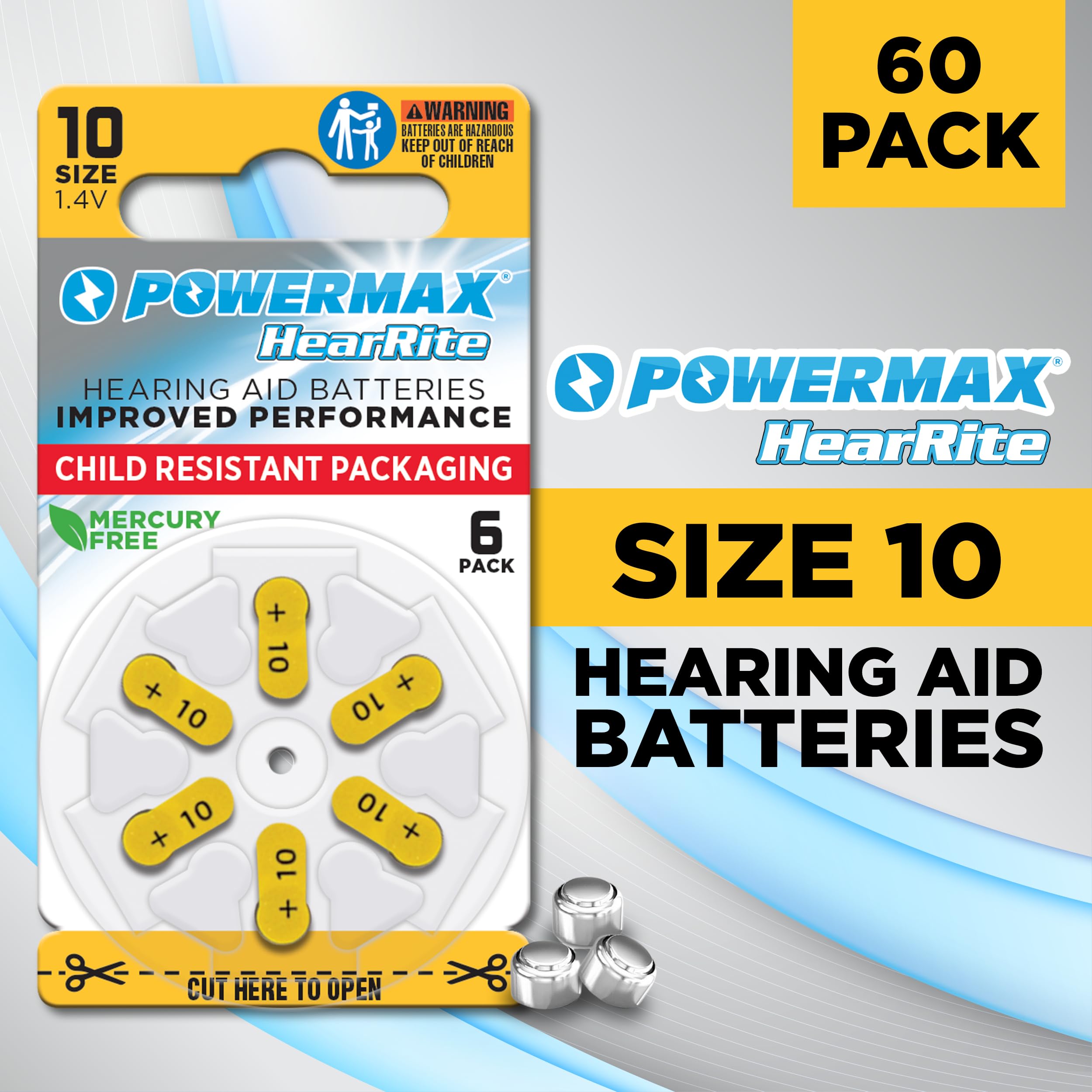 Powermax Size 10 yellow-tab close-up highlights zinc-air energy for reliable performance