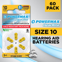 Powermax Size 10 yellow-tab close-up highlights zinc-air energy for reliable performance