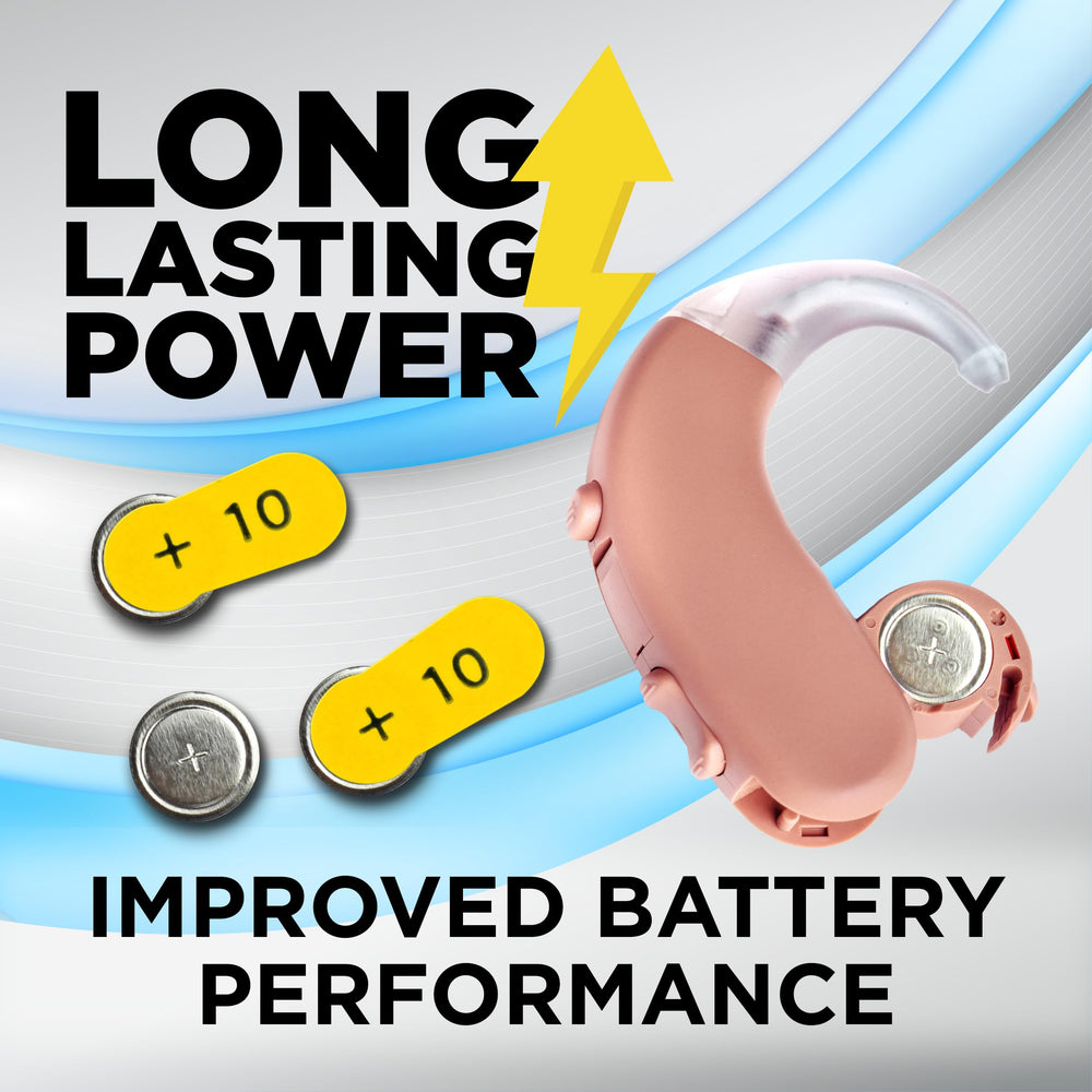 Powermax Size 10 yellow-tab battery being inserted into a hearing aid for easy change