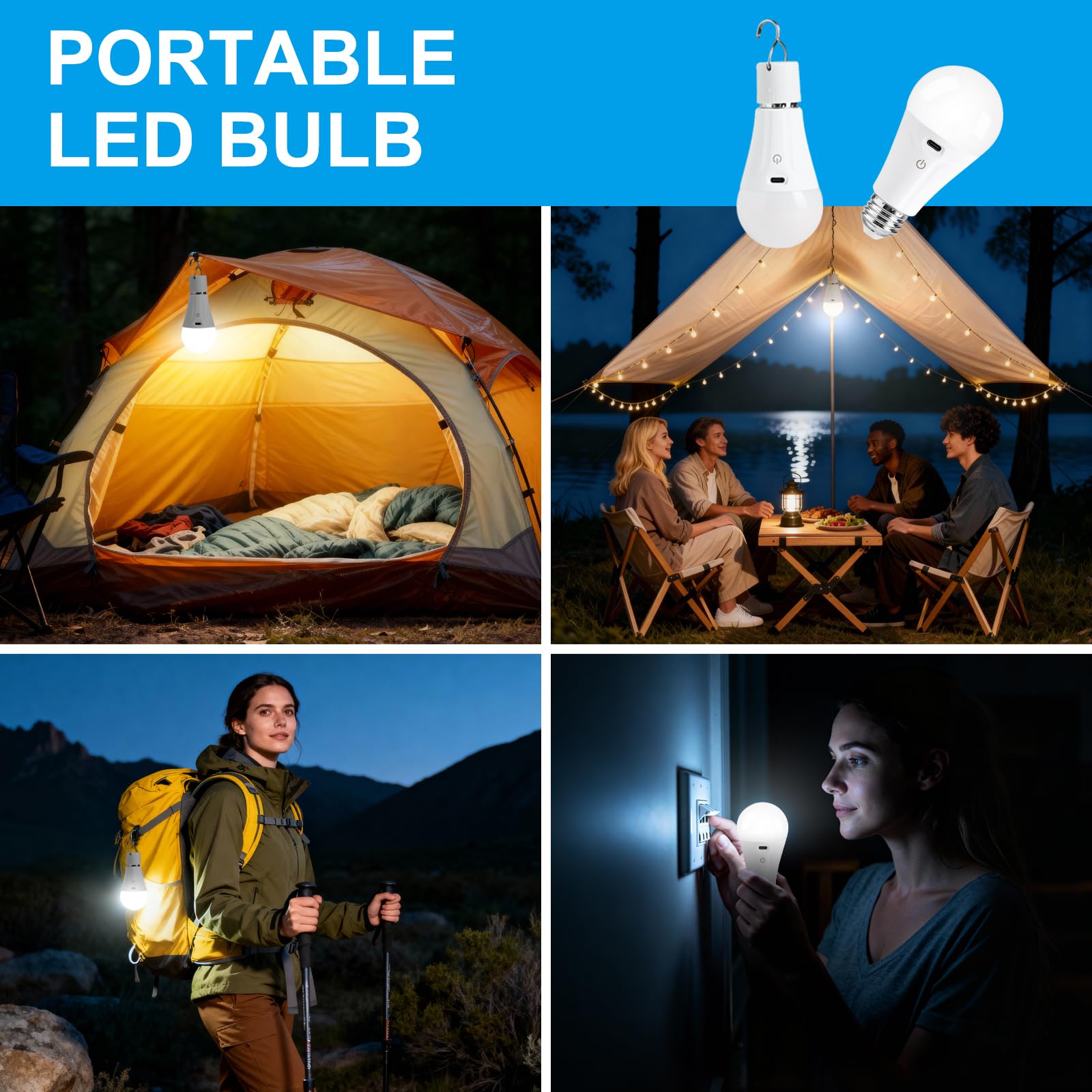 Powfloven bulb shown as a camping lantern for outdoor tasks.