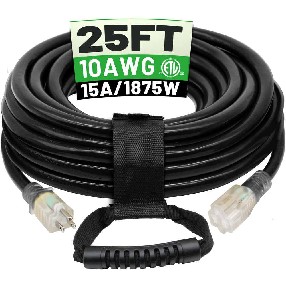 POWGRN 25 ft 10 AWG outdoor extension cord for heavy-duty use.