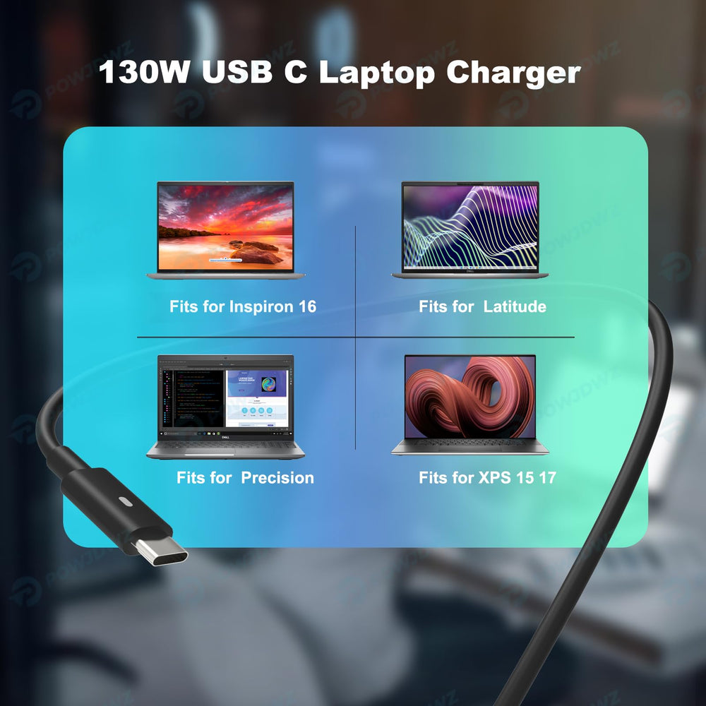 Powjdwz 130W USB-C charger compatibility label showing broad support