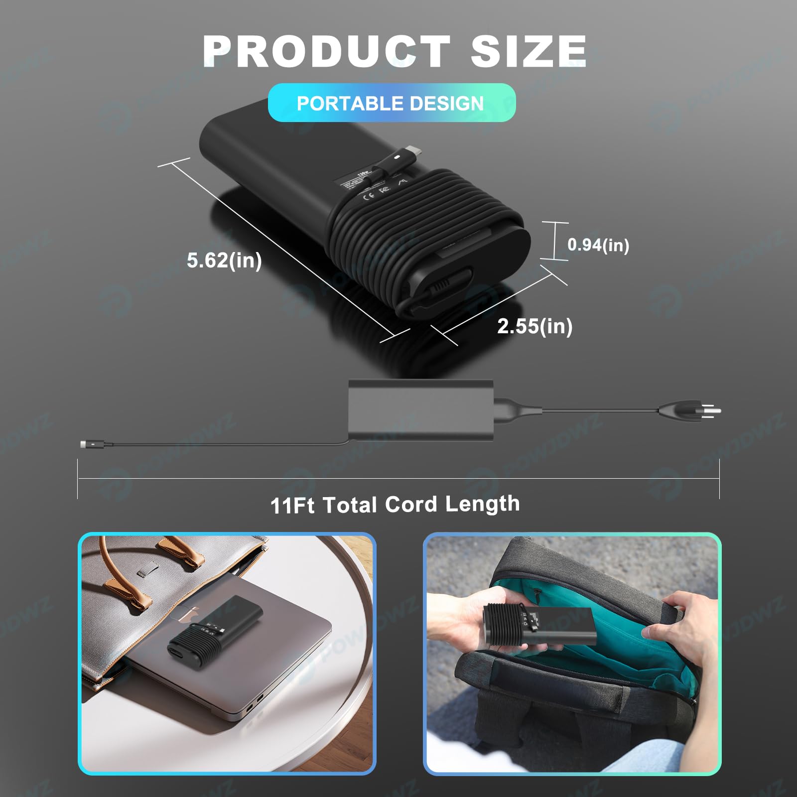 Powjdwz 130W USB-C charger with a Dell XPS setup demonstration