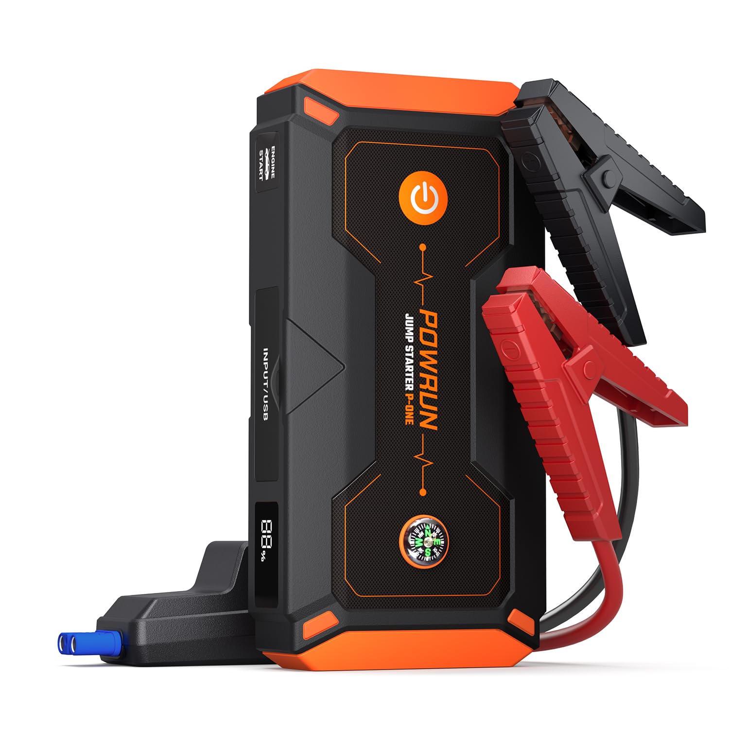 Powrun P-ONE jump starter in use starting a vehicle battery
