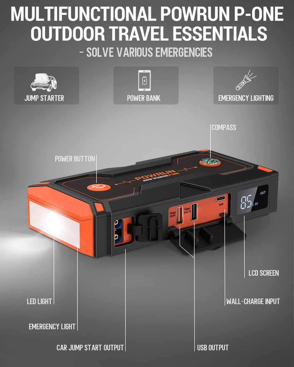 Powrun P-ONE LED emergency lamp with multiple modes