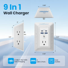 POWSAF five-outlet extender with USB ports shown from the front for easy access