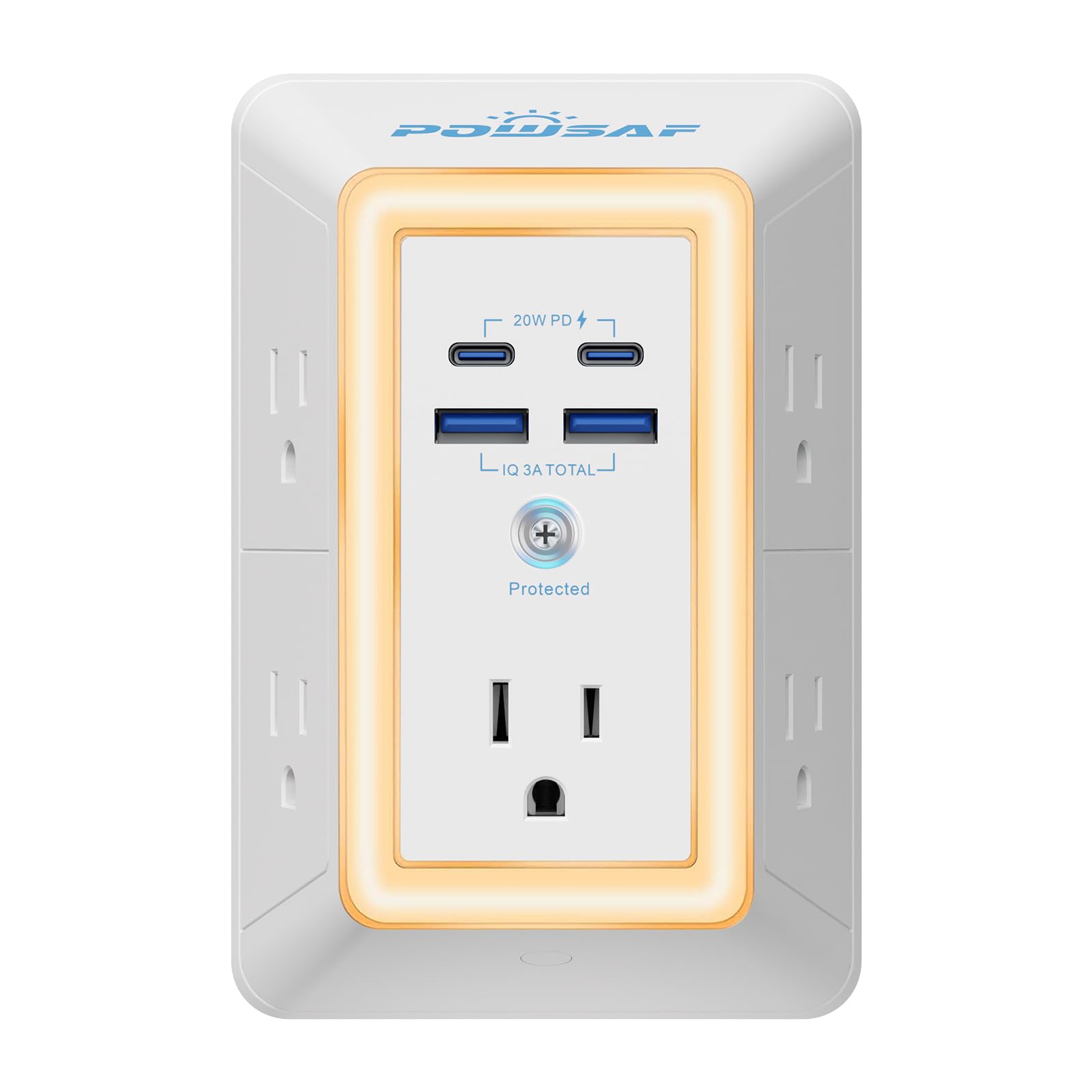POWSAF multi-plug outlet top view with five outlets and USB ports for uncluttered charging