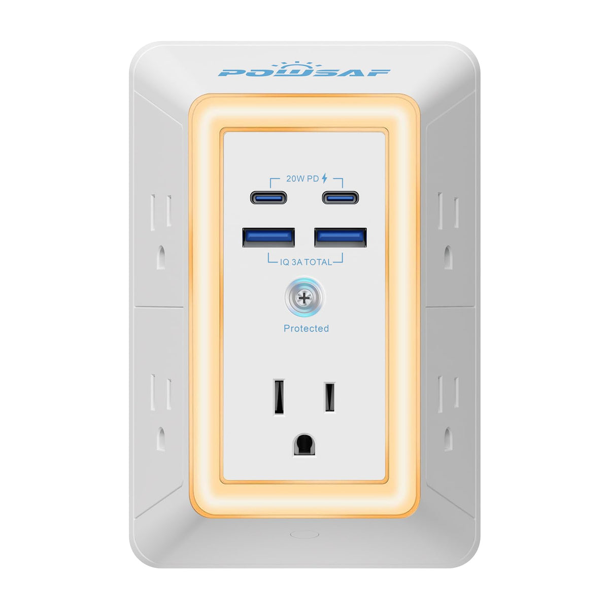 POWSAF multi-plug outlet top view with five outlets and USB ports for uncluttered charging