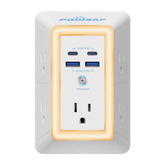 POWSAF multi-plug outlet top view with five outlets and USB ports for uncluttered charging