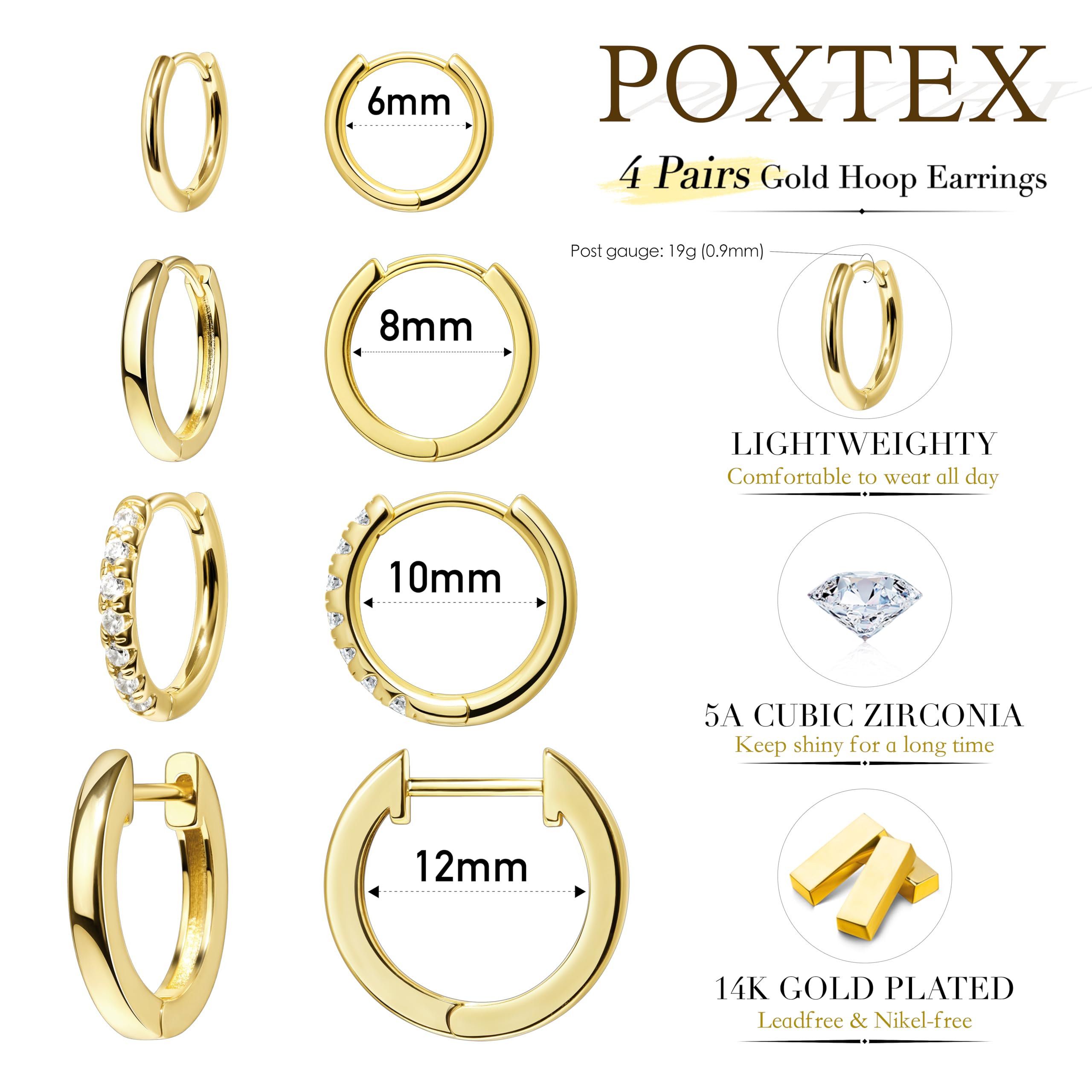 Poxtex Gold Hoop Earrings daily-wear comfort and lightweight feel.