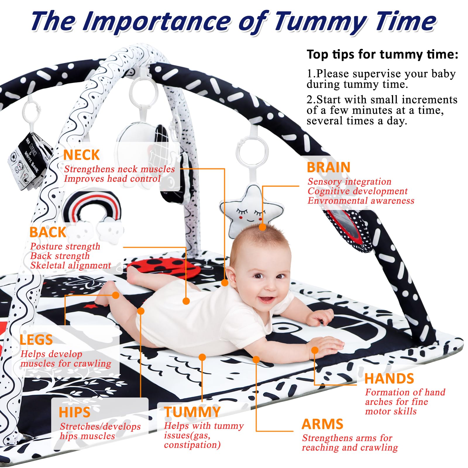 Poycuna black-white-contrast-tummy-time illustrates how high contrast aids early focus.