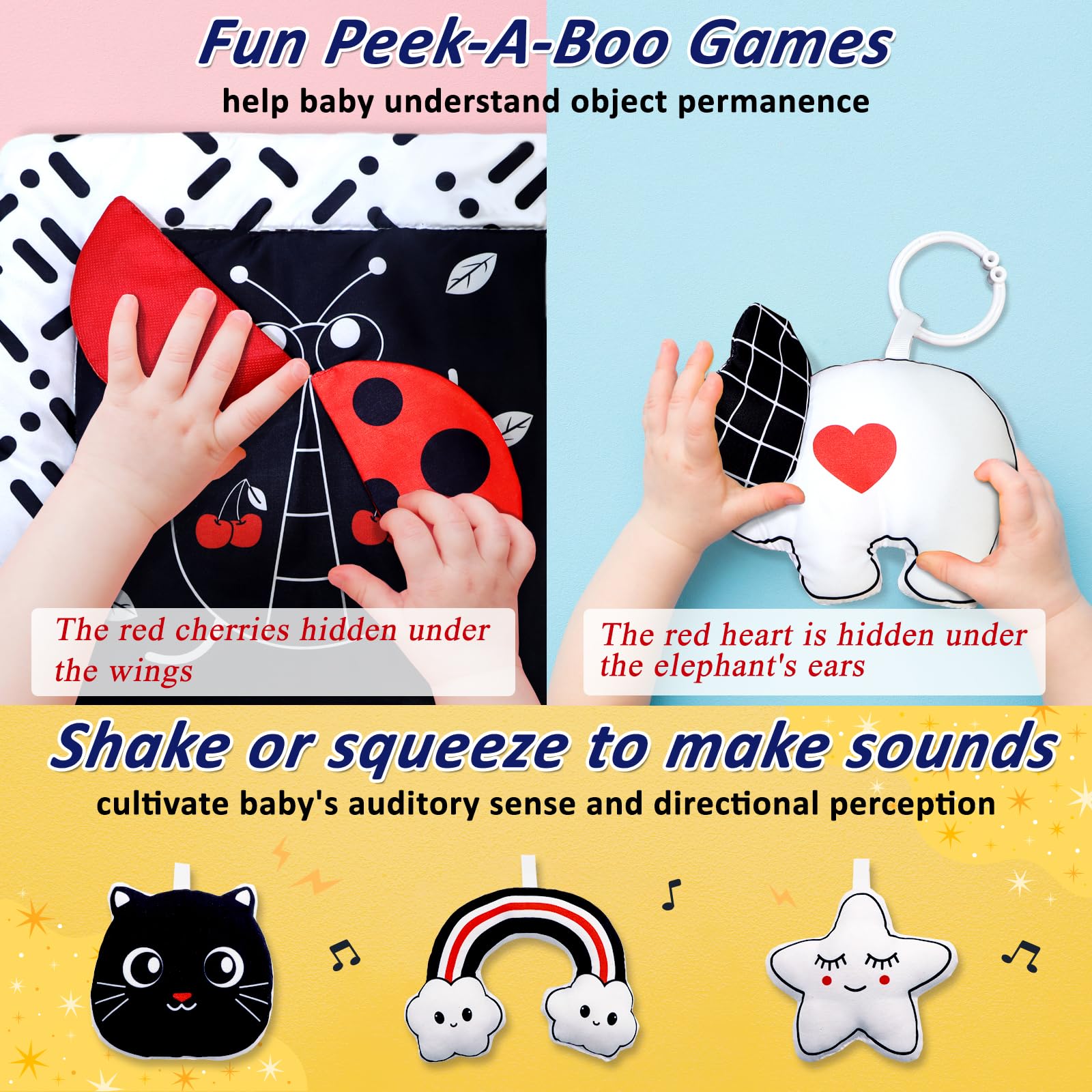 Poycuna mirror-and-rattle image demonstrates engaging self-discovery and auditory tracking.