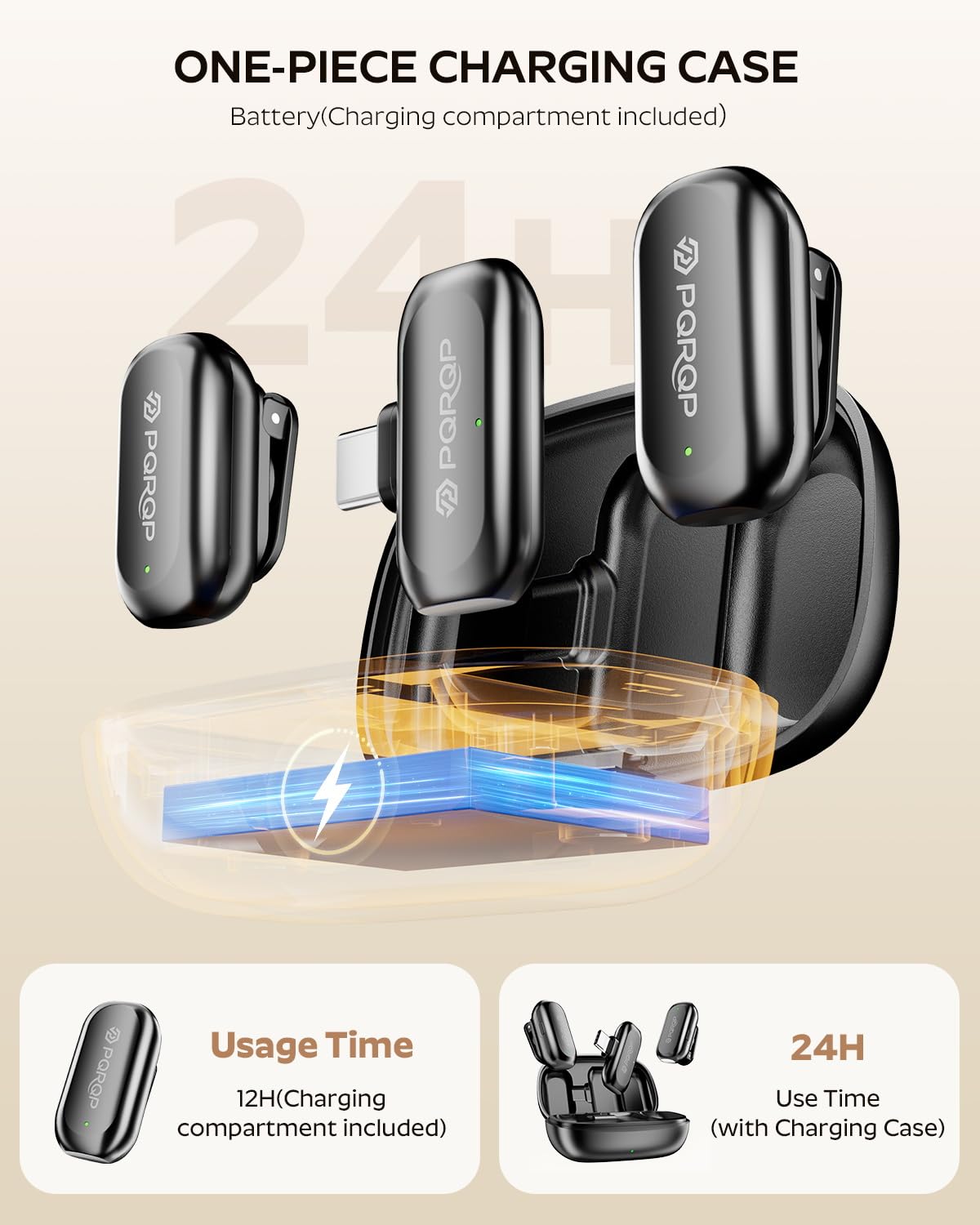 PQRQP charging case with microphone for all-day power on shoots.