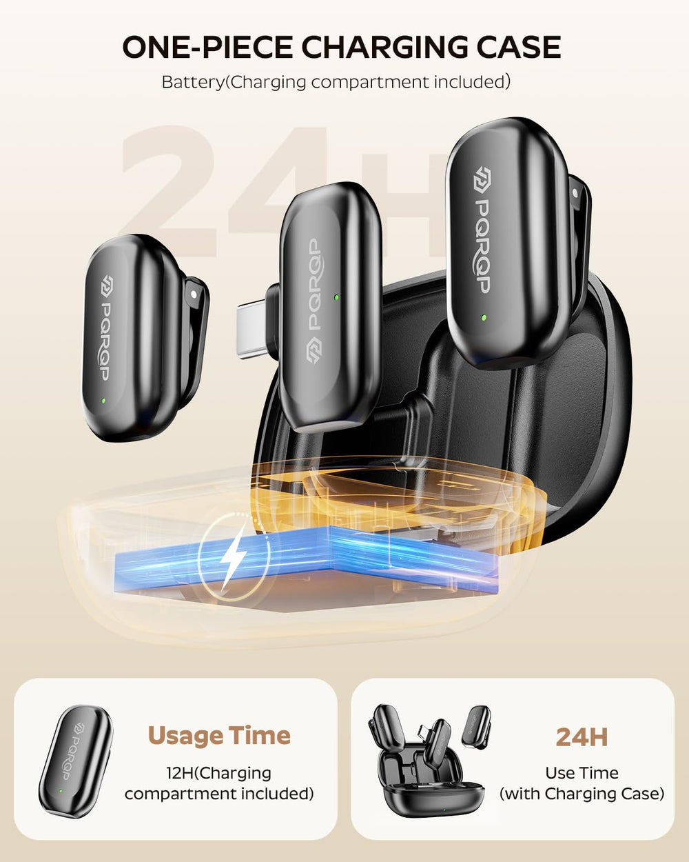 PQRQP charging case with microphone for all-day power on shoots.