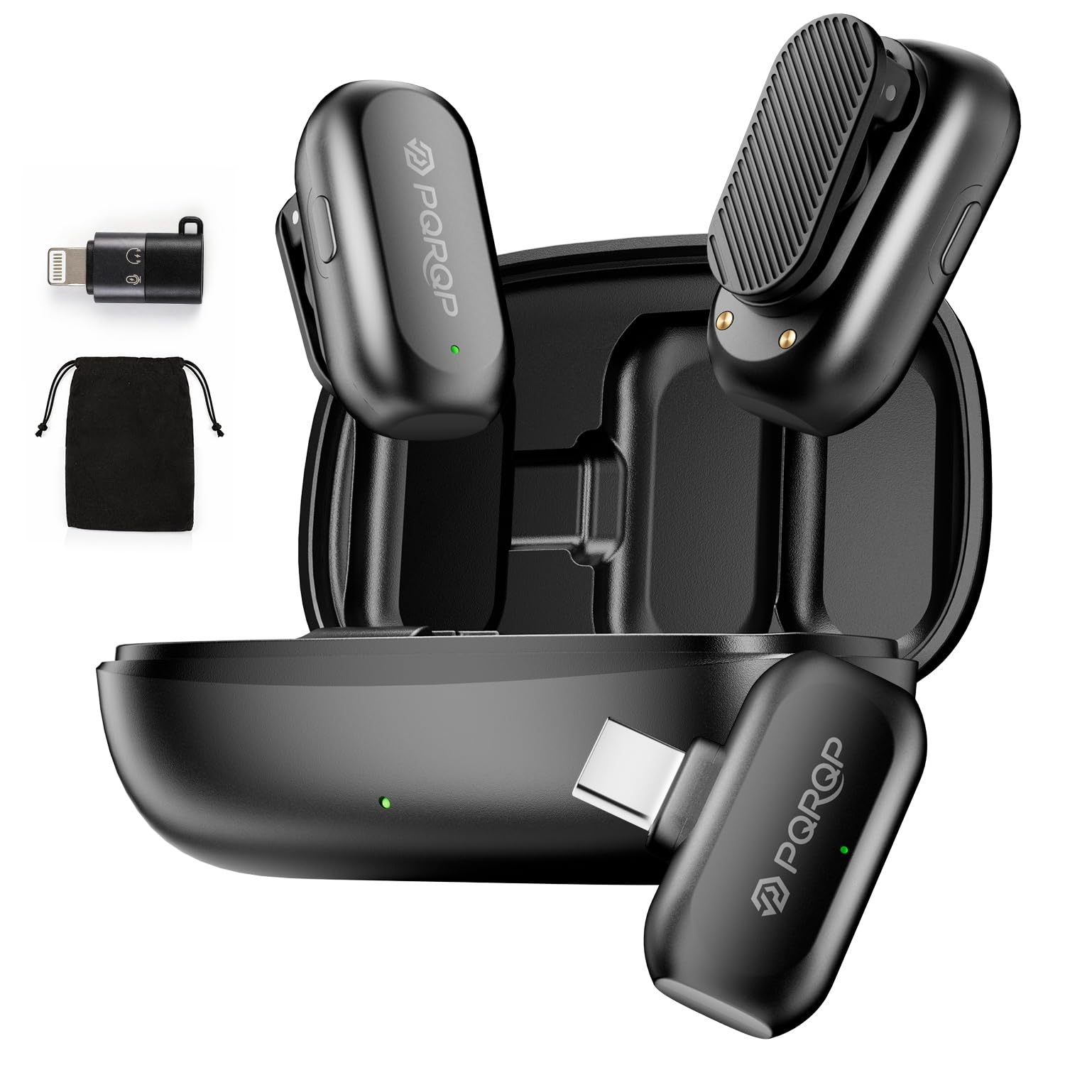 PQRQP wireless lavalier microphone front view showing crisp audio for on-camera use.