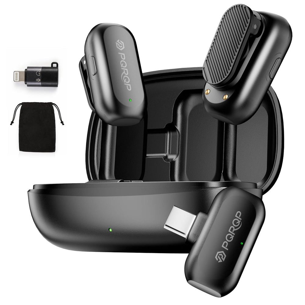 PQRQP wireless lavalier microphone front view showing crisp audio for on-camera use.
