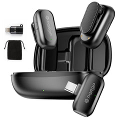 PQRQP wireless lavalier microphone front view showing crisp audio for on-camera use.