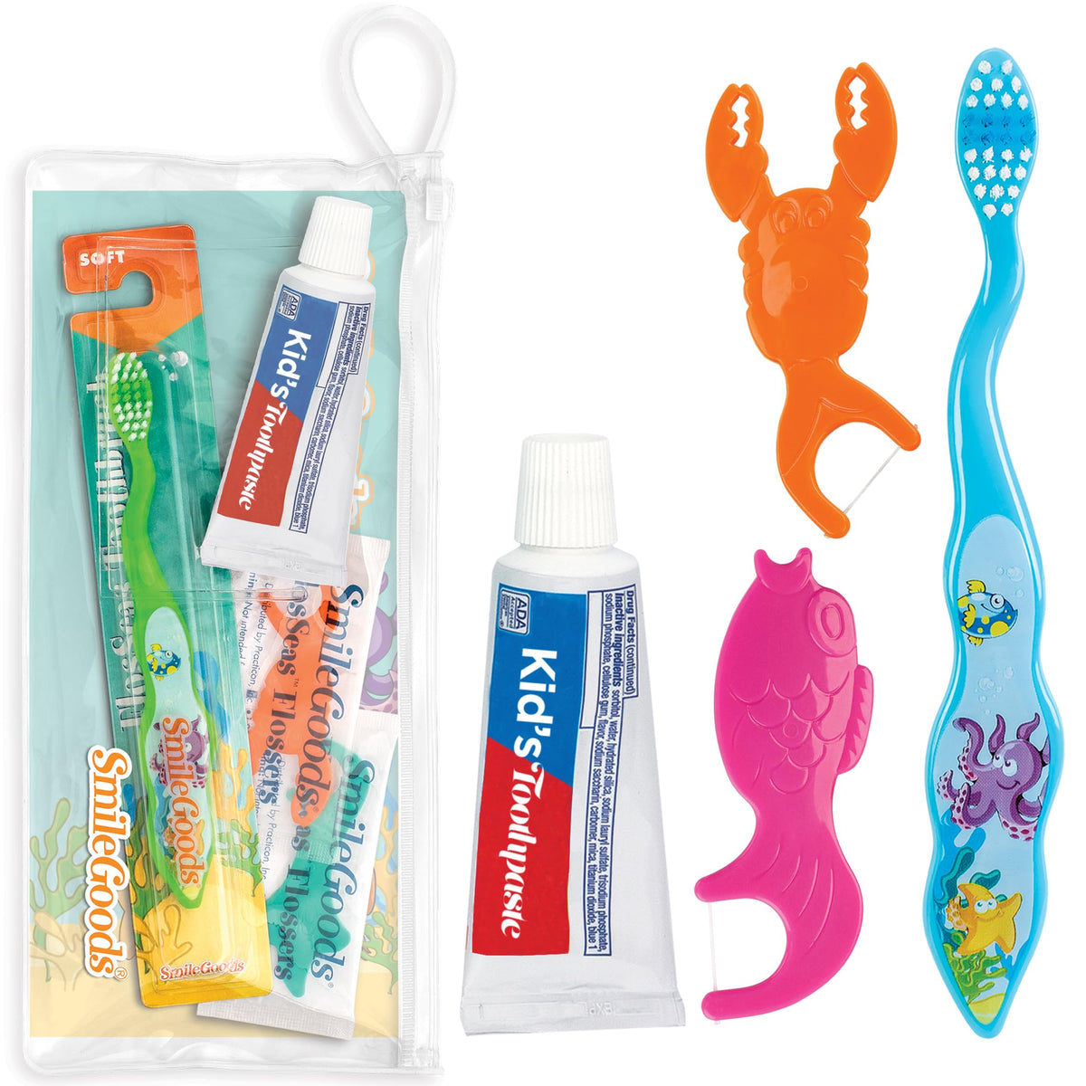 Practicon FlosSeas toothbrush with sea creatures, kid-friendly design encourages routine brushing.