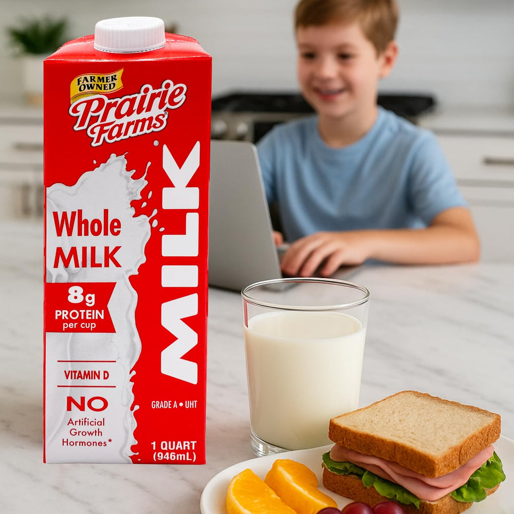 Prairie Farms four-pack packaging shown for convenient family use.