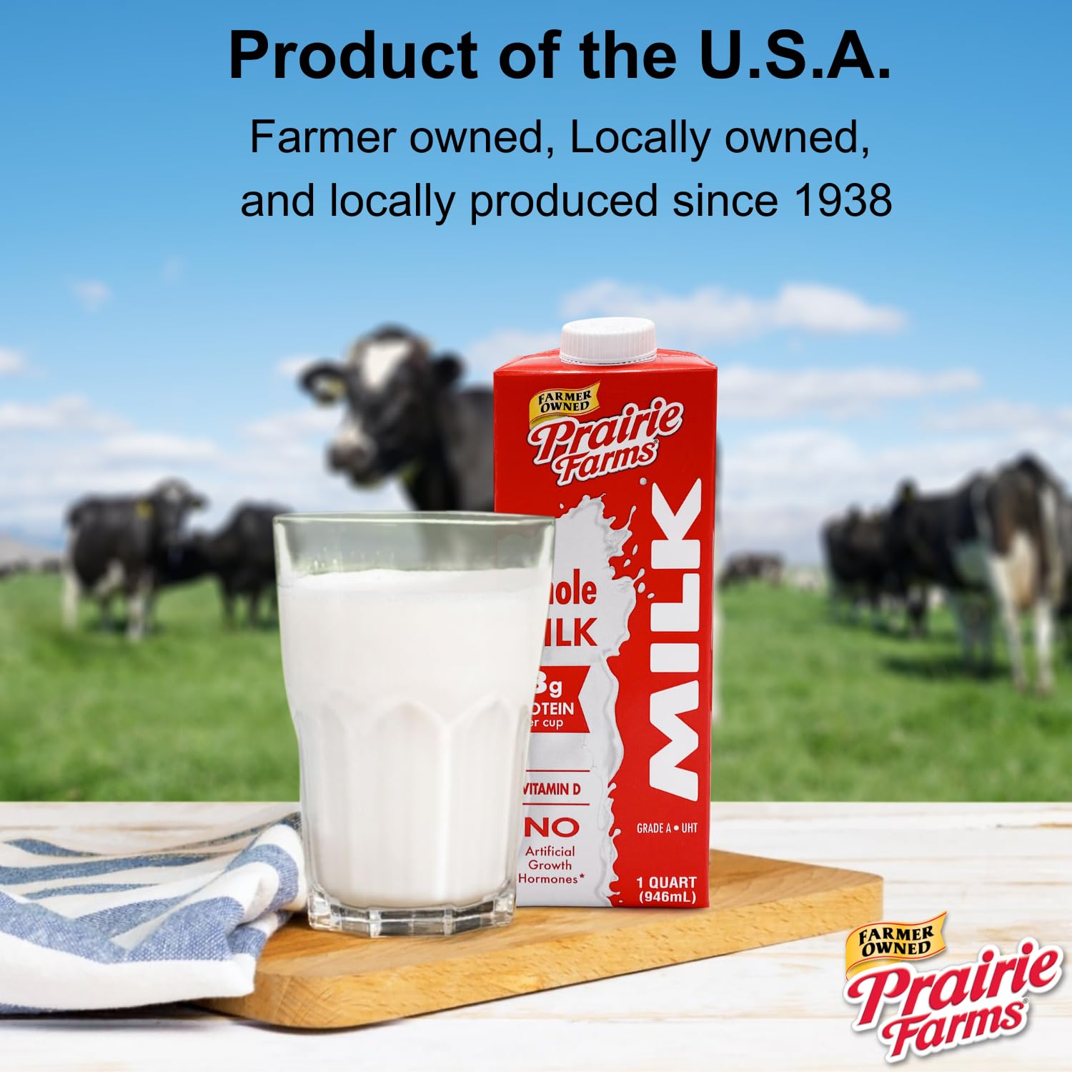 Prairie Farms kosher and gluten-free icons on carton.