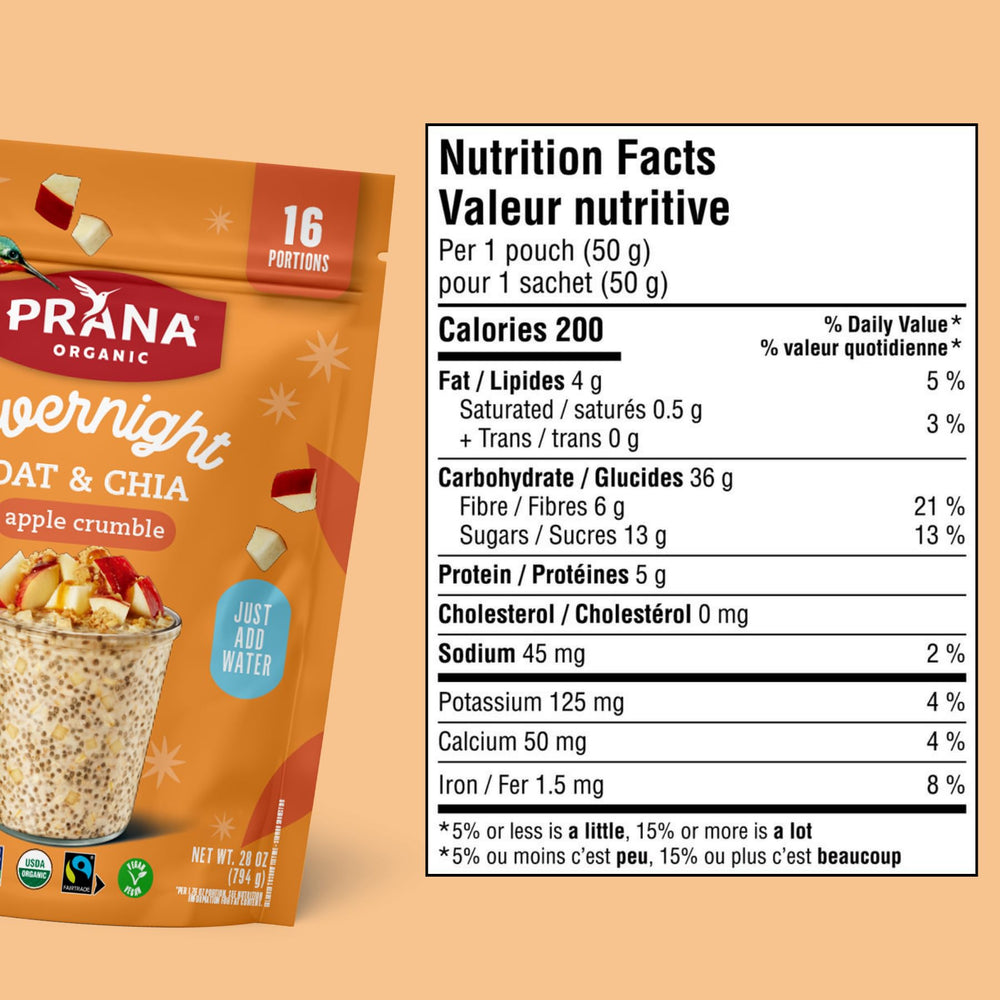Prana Overnight Chia with Oats Apple Crumble ingredients close-up, featuring organic oats and chia seeds