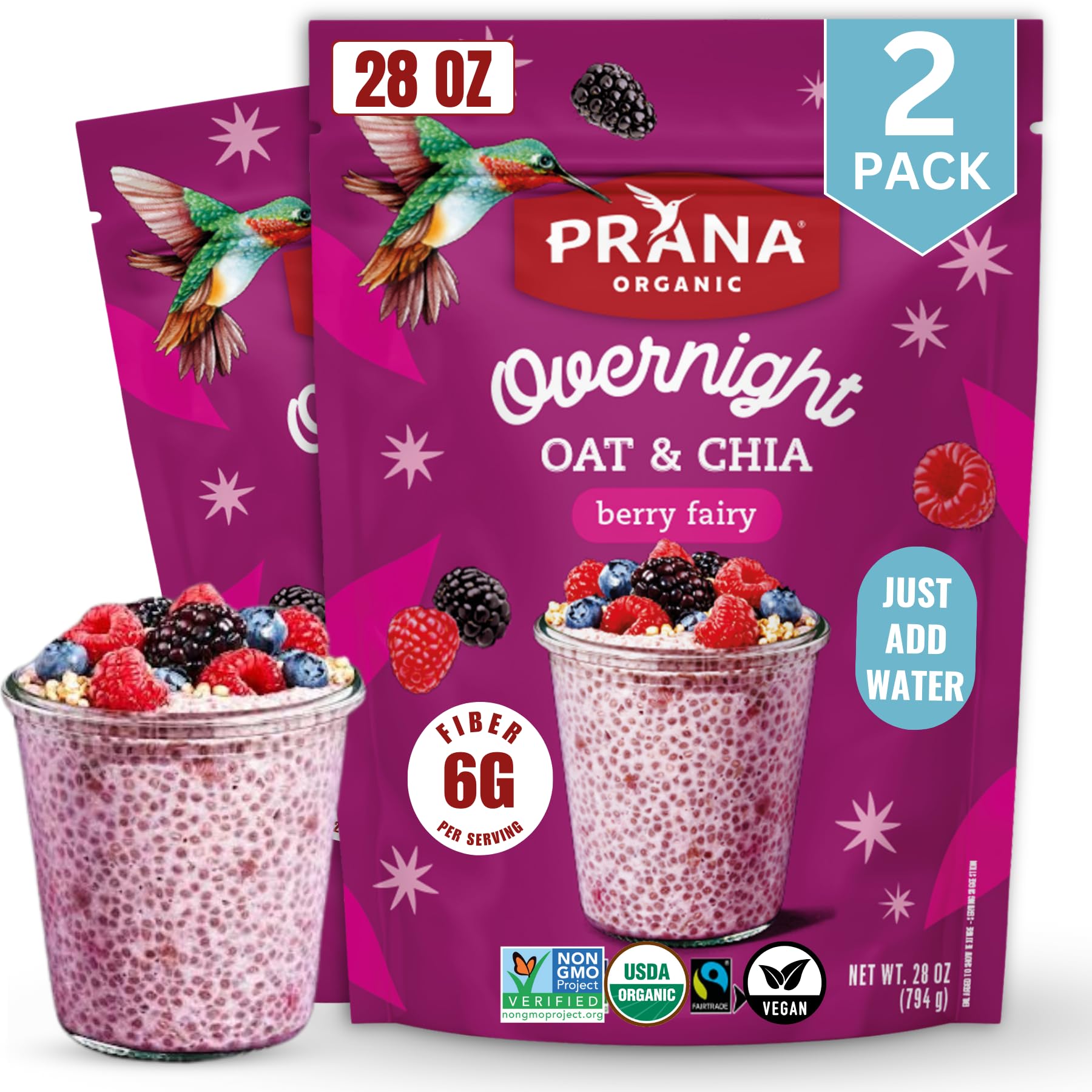 Prana Berry Fairy overnight chia oats packaging shows convenient, ready-to-make breakfast.