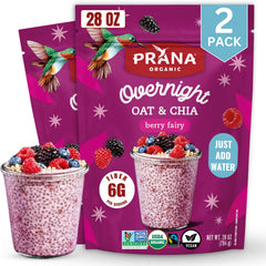 Prana Berry Fairy overnight chia oats packaging shows convenient, ready-to-make breakfast.
