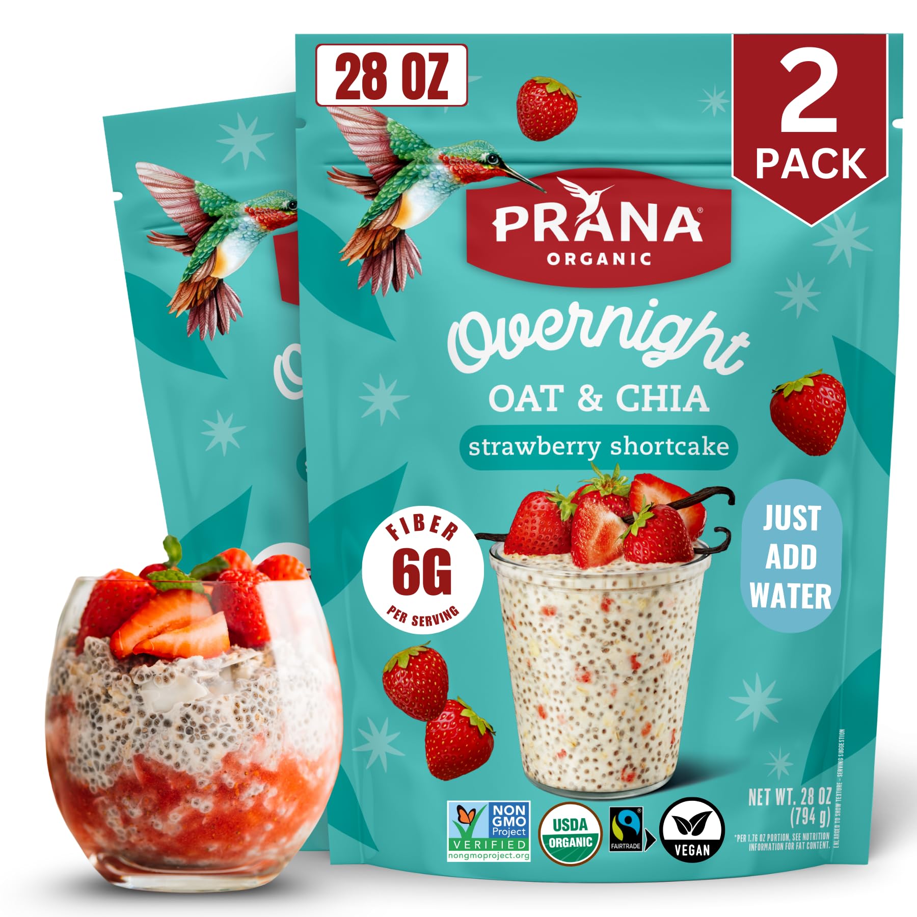 Prana Organic Overnight Chia-Oats Strawberry Shortcake packaging on display, ready-to-get-started breakfast.