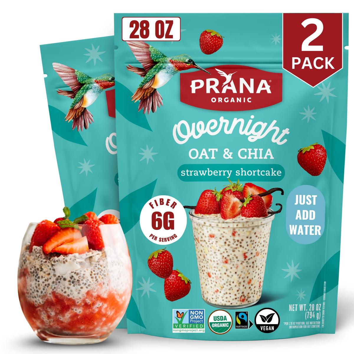 Prana Organic Overnight Chia-Oats Strawberry Shortcake packaging on display, ready-to-get-started breakfast.