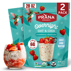 Prana Organic Overnight Chia-Oats Strawberry Shortcake packaging on display, ready-to-get-started breakfast.