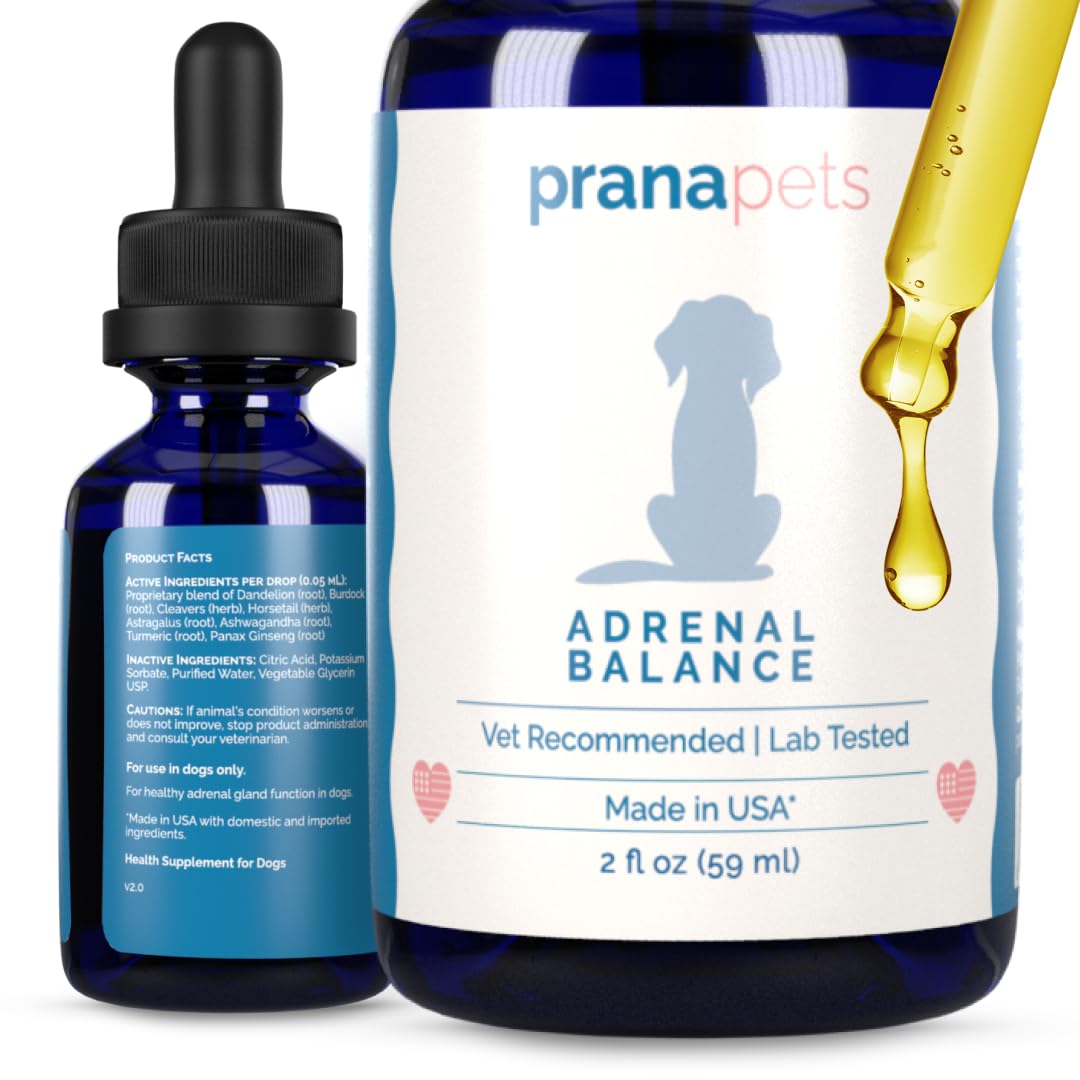 PranaPets Adrenal Balance drops bottle for dogs supports hormonal balance.