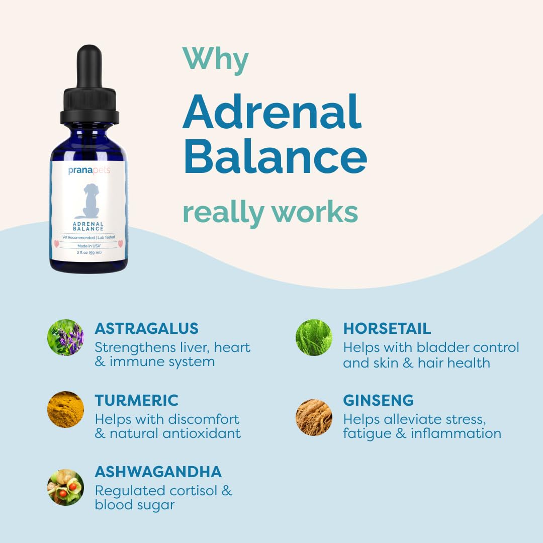 Close-up of the PranaPets Adrenal Balance label and bottle.