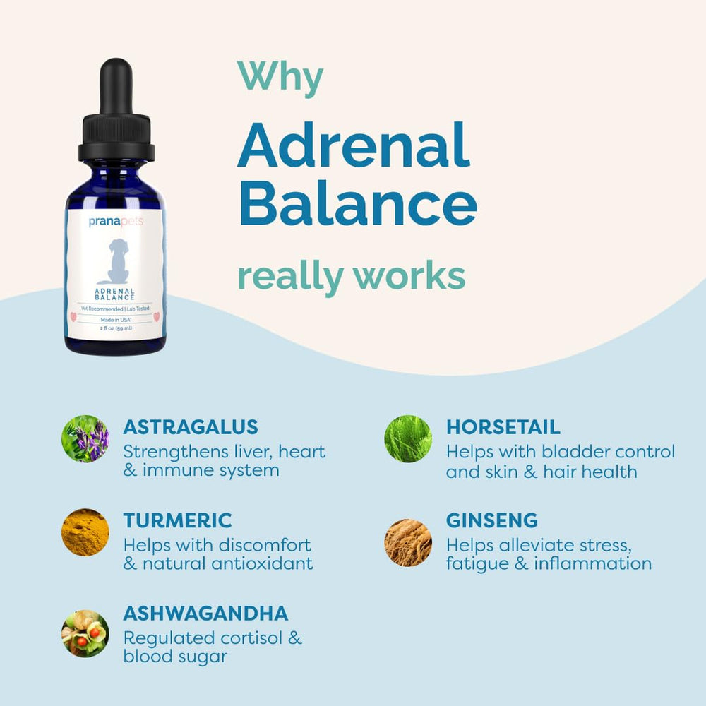 Close-up of the PranaPets Adrenal Balance label and bottle.