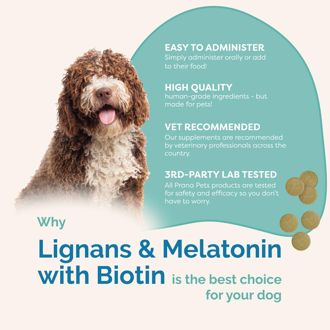 PranaPets lignans-melatonin bottle emphasizes skin and coat support