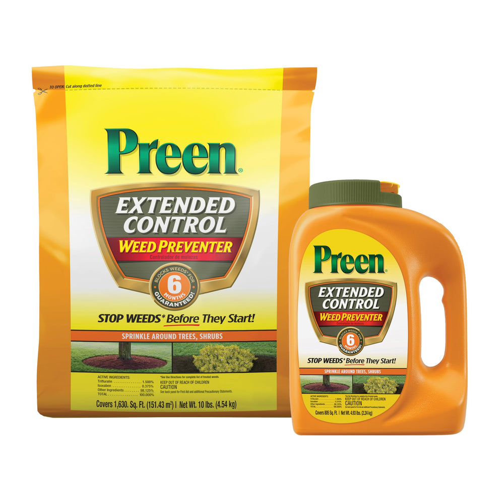 Preen Extended Control Weed Preventer bottle with flip-top for easy garden-bed application.