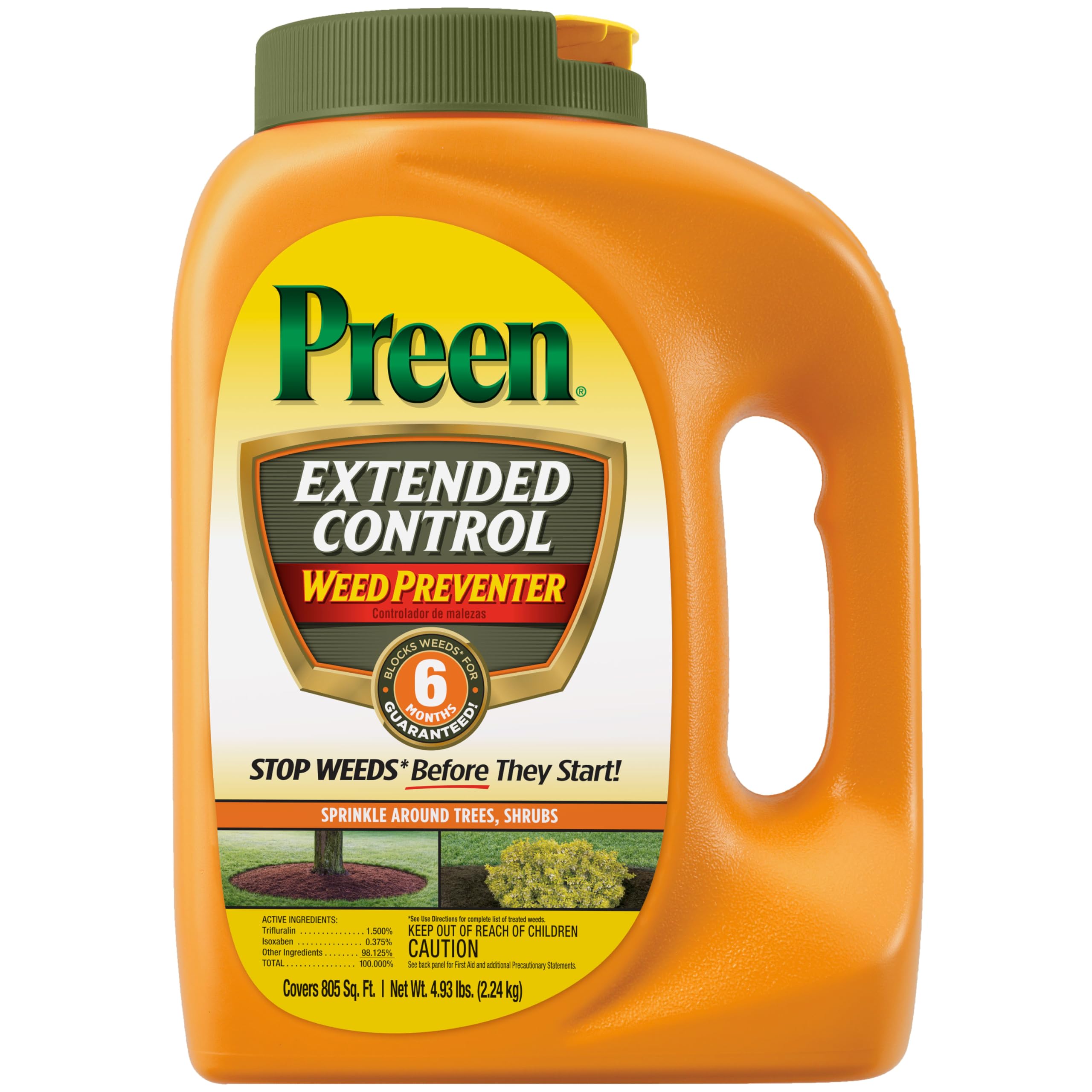 Preen Extended Control Weed Preventer bottle shown for long-lasting garden protection.