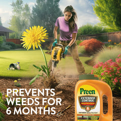 Close-up of Preen Extended Control label highlighting six-month weed protection.