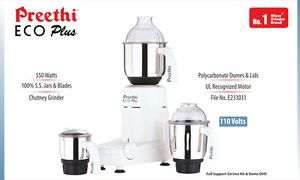 Preethi Eco Plus with 3 stainless steel jars for versatile grinding.