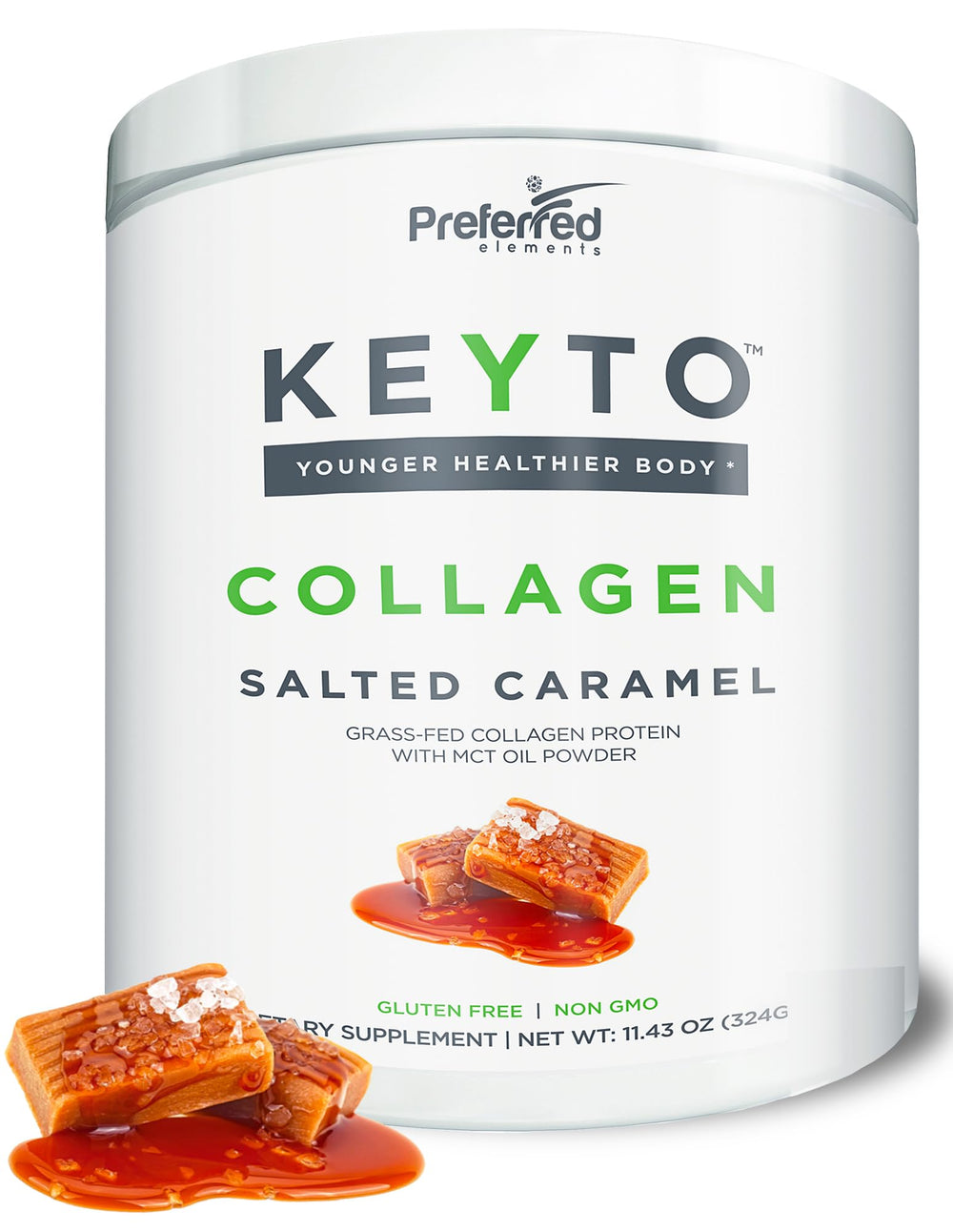 Preferred Elements Keto Collagen bottle with Salted Caramel flavor for keto-friendly nutrition.