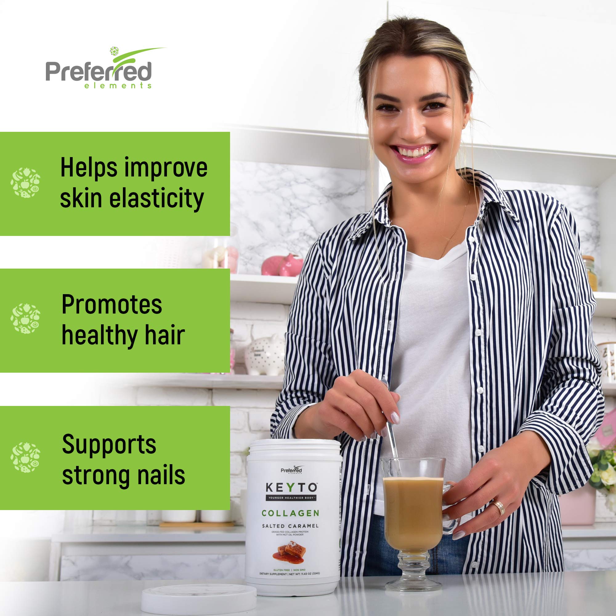 Preferred Elements Keto Collagen jar closeup highlights hydrolyzed peptides.