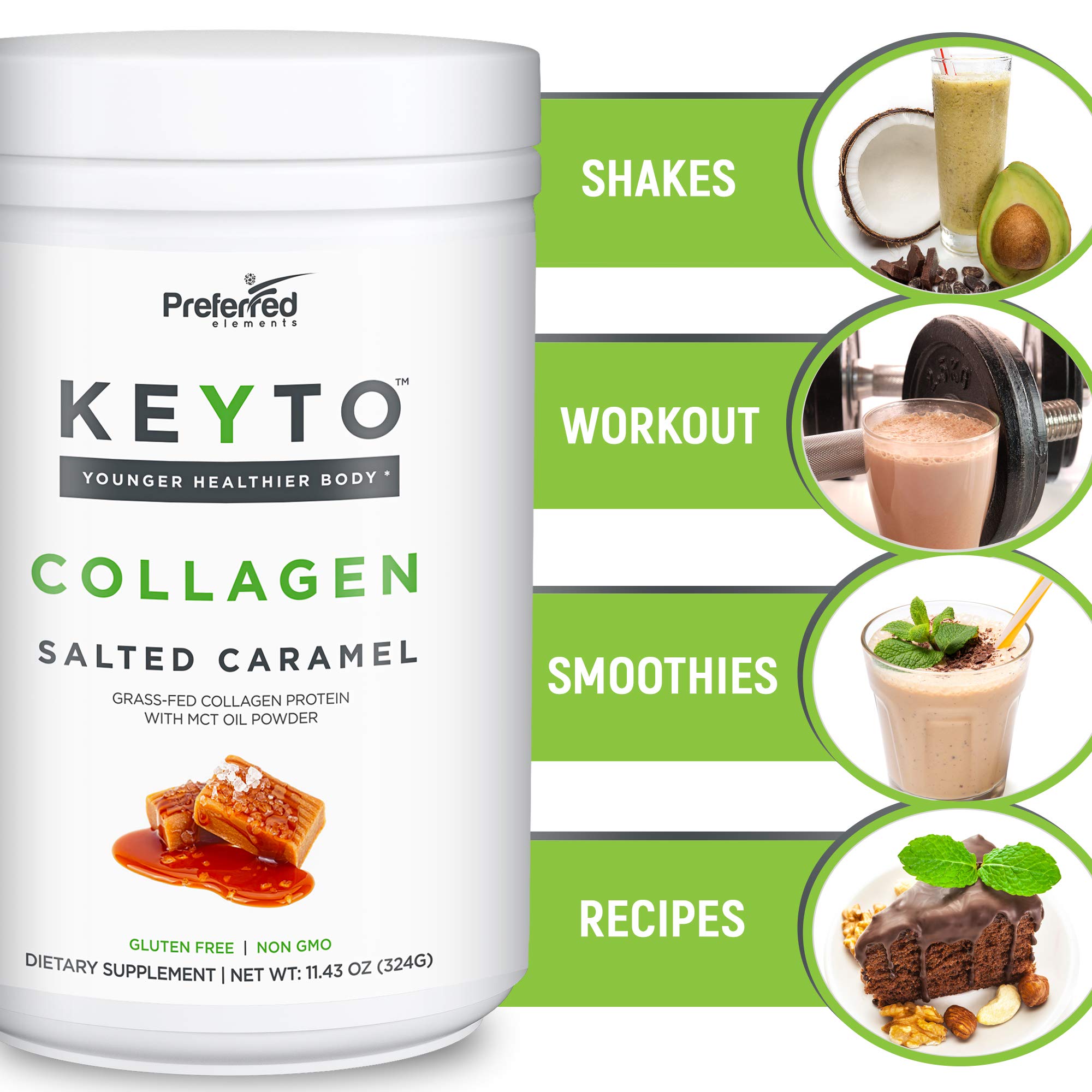 Preferred Elements Keto Collagen salted caramel jar label communicates premium ingredients.