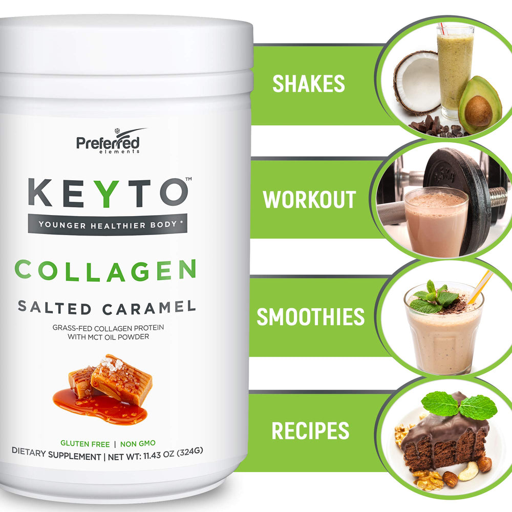 Preferred Elements Keto Collagen salted caramel jar label communicates premium ingredients.