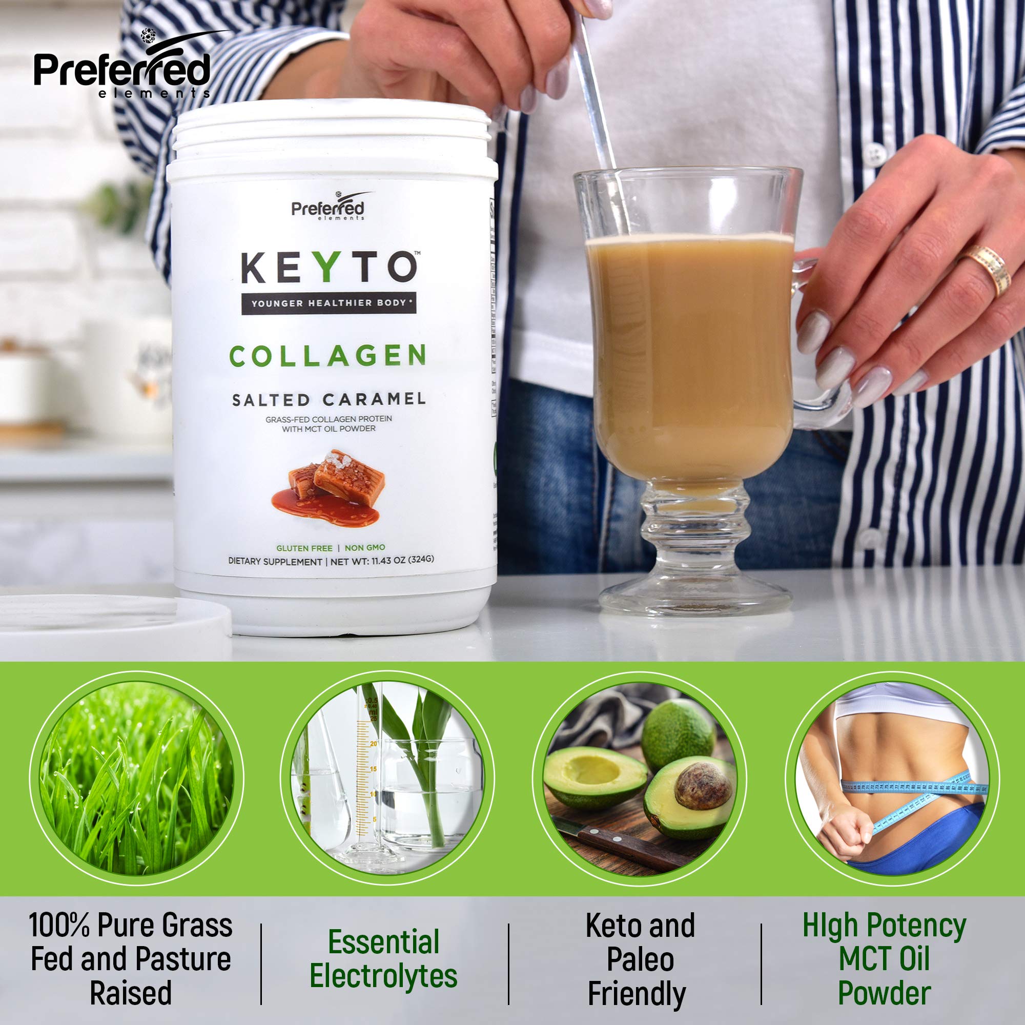 Preferred Elements Keto Collagen scoop ready to blend into coffee.