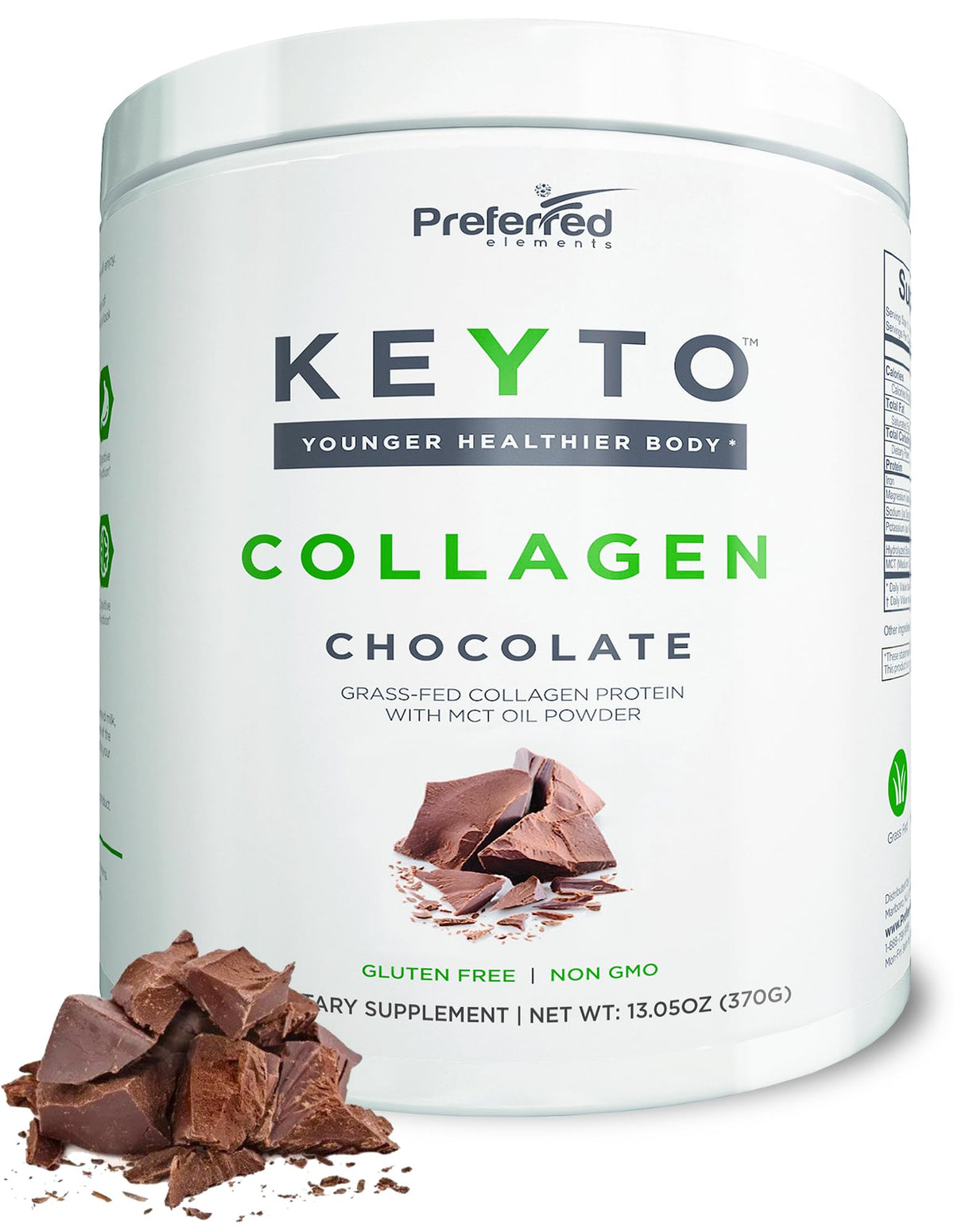 Preferred Elements KEYTO chocolate bottle front highlighting premium collagen for keto routines
