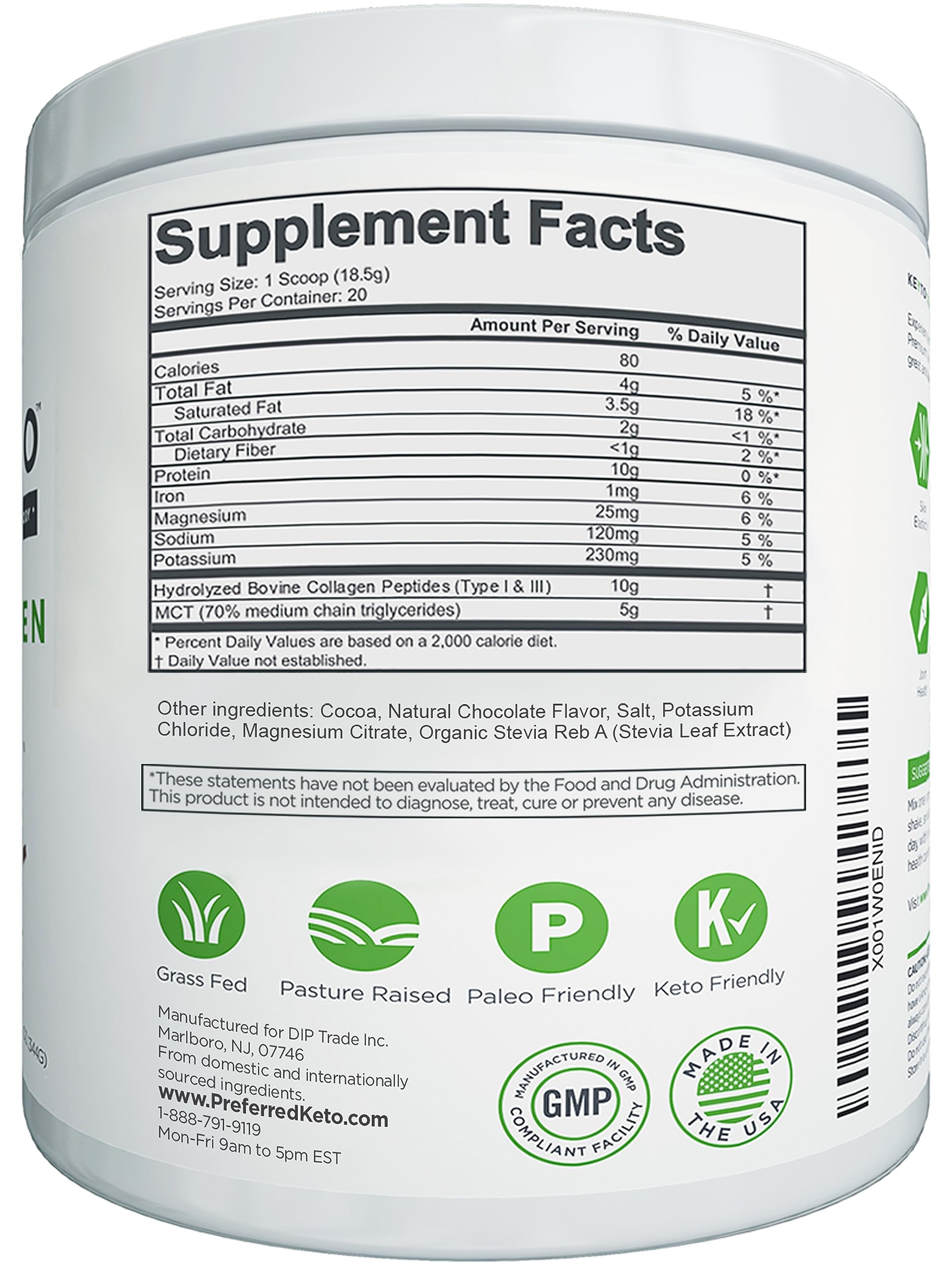 KEYTO ingredients label closeup emphasizing grass-fed collagen and MCT content